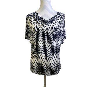Shannon Ford New York Blouse Medium Navy White Geometric Print Cowl Neck